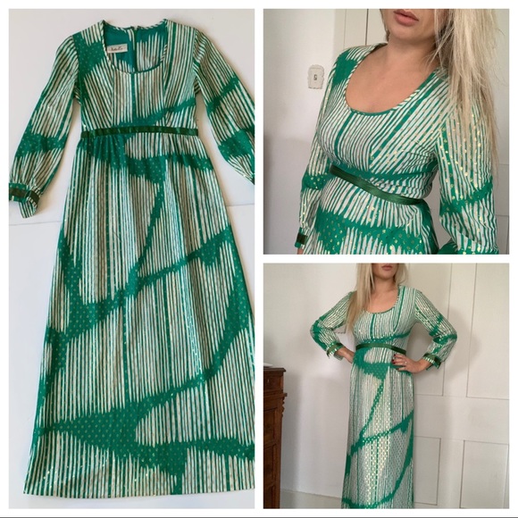 Vintage Dresses & Skirts - Vintage Green Metallic Gold Midi Dress Sleeves XS
